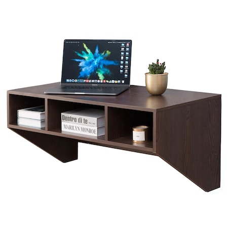 Basicwise Wall Mounted Office Computer Desk with Three Compartments, Brown QI003675B